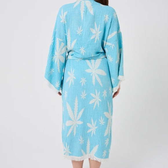 Women's Blue + White Leaf Patterned Robe One Size New 100% Organic Cotton NEW - Picture 4 of 12